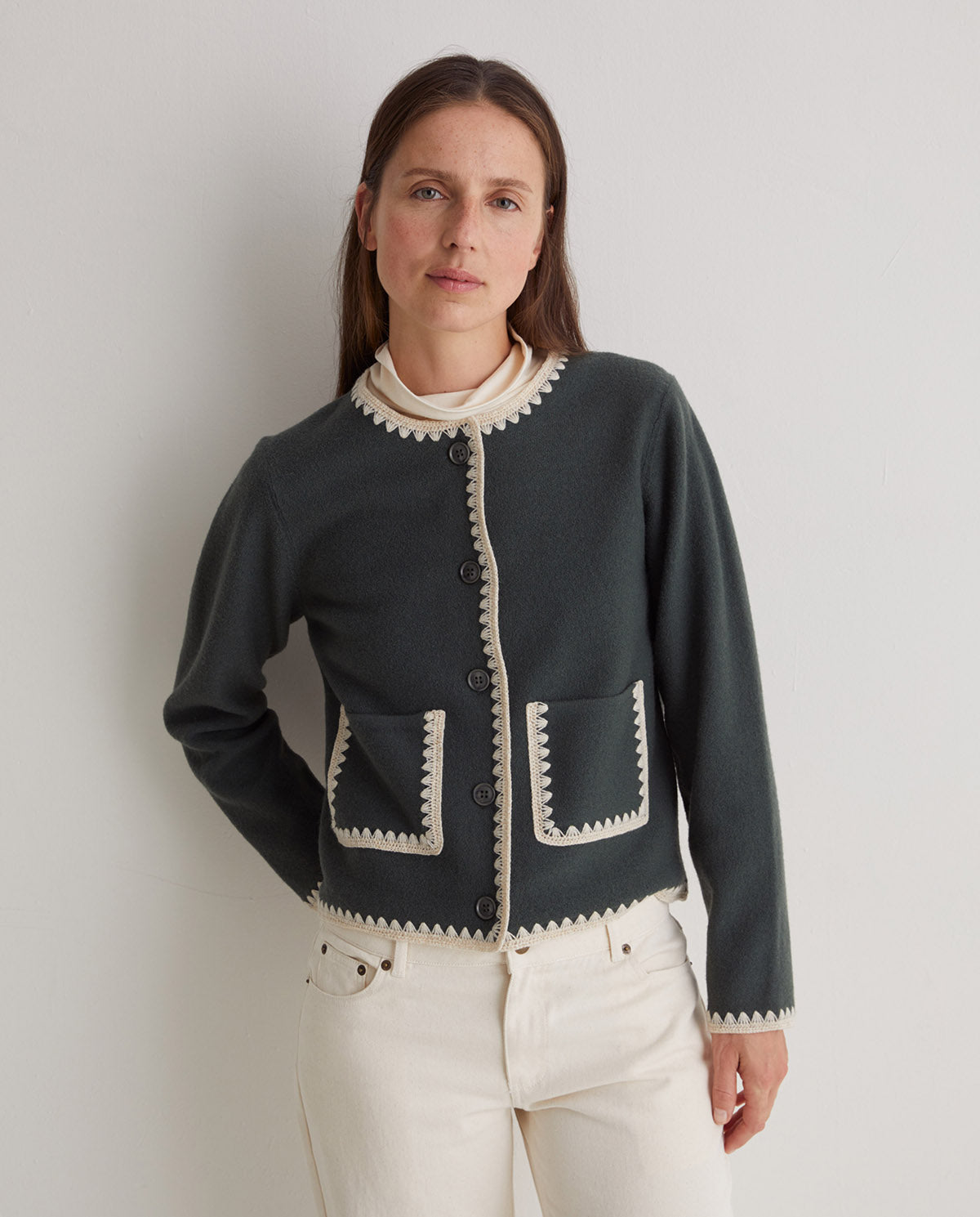 Yerse Wool Cardigan, Green with Cream Trim