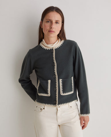 Yerse Wool Cardigan, Green with Cream Trim