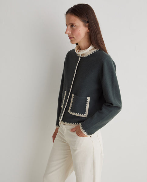 Yerse Wool Cardigan, Green with Cream Trim