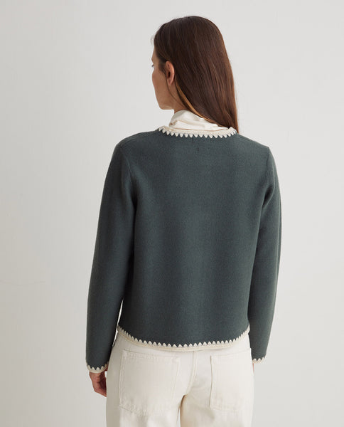 Yerse Wool Cardigan, Green with Cream Trim