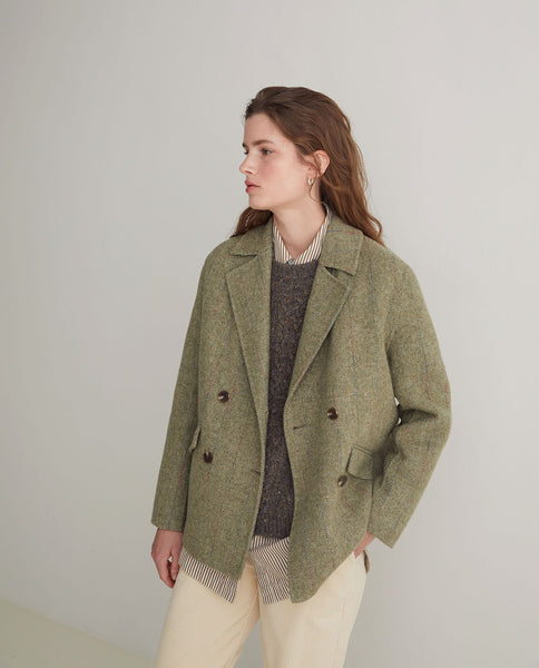 Yerse Herringbone Double Breasted Jacket, Green