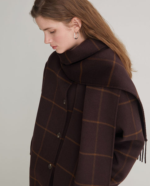 Yerse Handmade Wool Blend Coat With Scarf, Brown Check