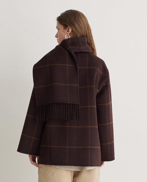 Yerse Handmade Wool Blend Coat With Scarf, Brown Check