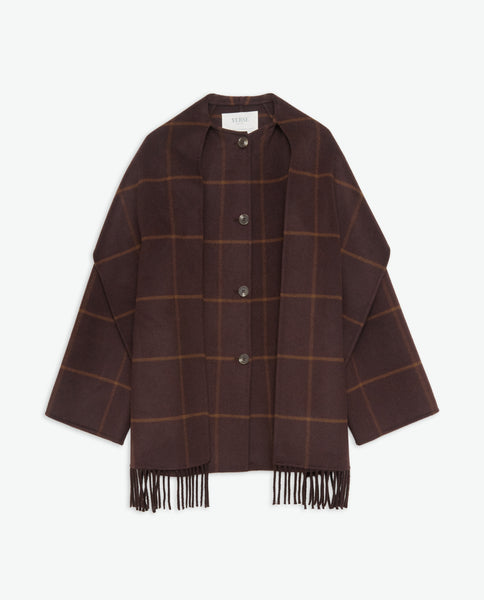 Yerse Handmade Wool Blend Coat With Scarf, Brown Check