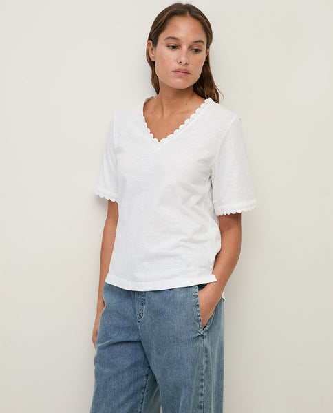 Yerse Organic Cotton T-shirt, White with crochet accents
