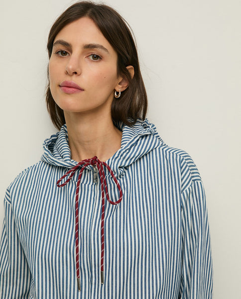 Yerse Hooded Cotton Jacket, Stripes White/Denim