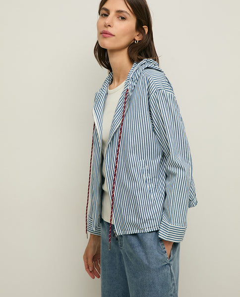 Yerse Hooded Cotton Jacket, Stripes White/Denim