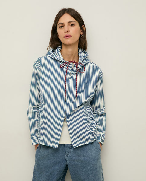 Yerse Hooded Cotton Jacket, Stripes White/Denim