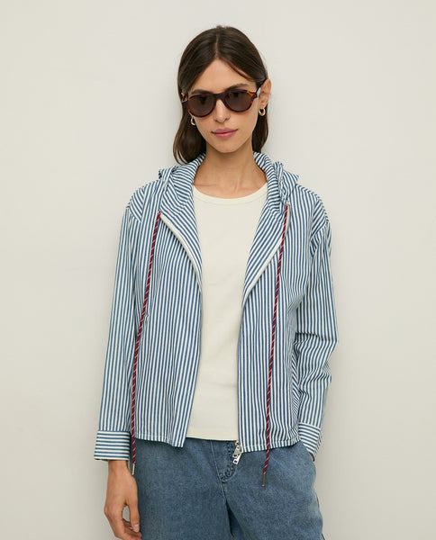 Yerse Hooded Cotton Jacket, Stripes White/Denim