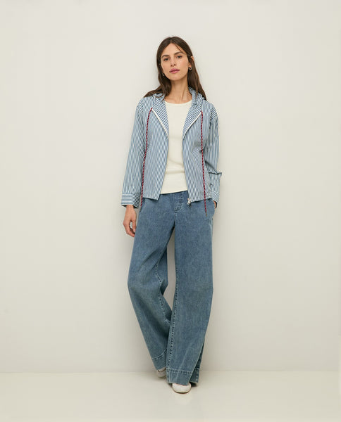 Yerse Hooded Cotton Jacket, Stripes White/Denim
