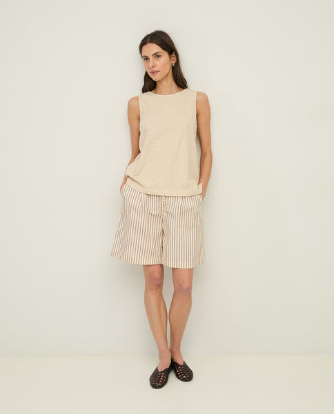 Yerse Cotton Stripped Shorts, Ecru/Brown Stripes - Flax In Bloom