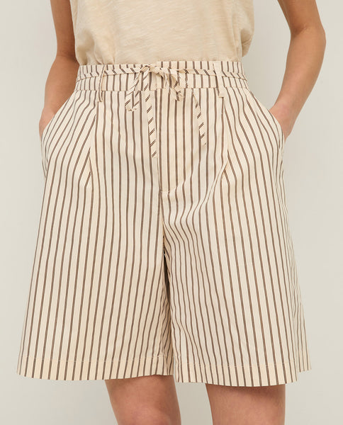 Yerse Cotton Stripped Shorts, Ecru/Brown Stripes - Flax In Bloom