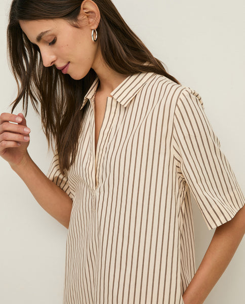Yerse Striped  Dress, Ecru/ Brown - Flax In Bloom