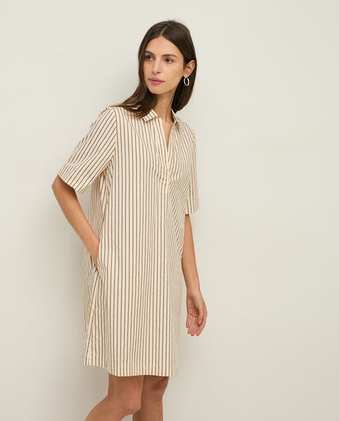 Yerse Striped  Dress, Ecru/ Brown - Flax In Bloom