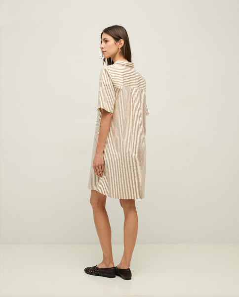 Yerse Striped  Dress, Ecru/ Brown - Flax In Bloom