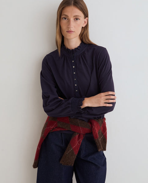 Yerse Jersey Shirt with Frill, Dark Blue