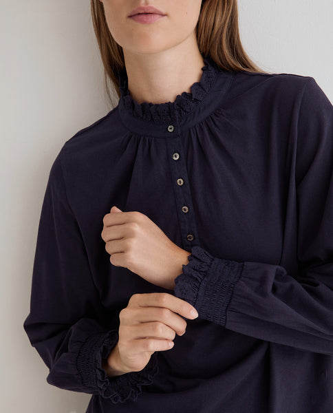 Yerse Jersey Shirt with Frill, Navy