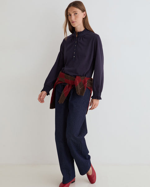 Yerse Jersey Shirt with Frill, Navy