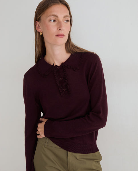Yerse Frill Polo Knit, Plum
