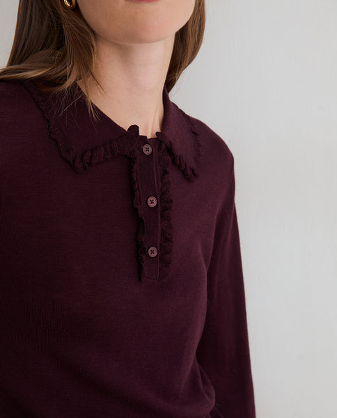 Yerse Frill Polo Knit, Plum
