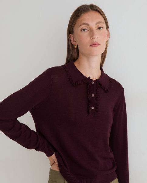 Yerse Frill Polo Knit, Plum