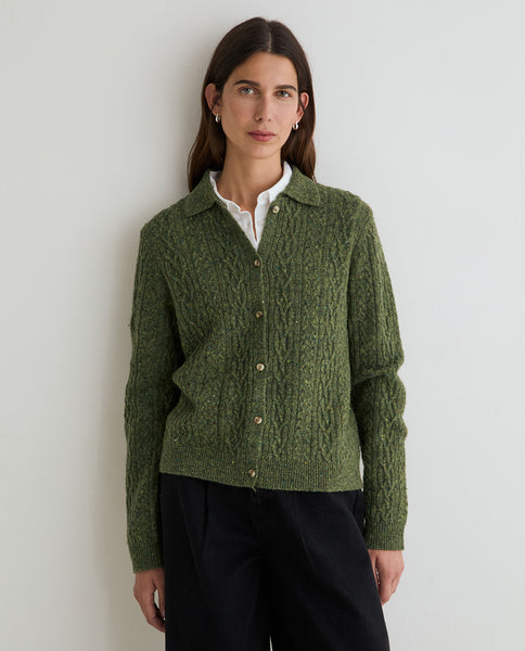 Yerse Cable Knit Wool Cardigan, Green