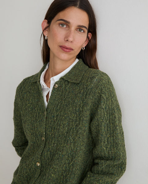 Yerse Cable Knit Wool Cardigan, Green