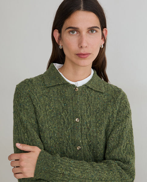 Yerse Cable Knit Wool Cardigan, Green