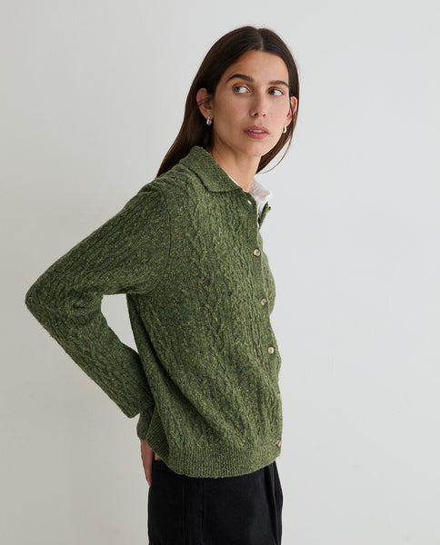 Yerse Cable Knit Wool Cardigan, Green