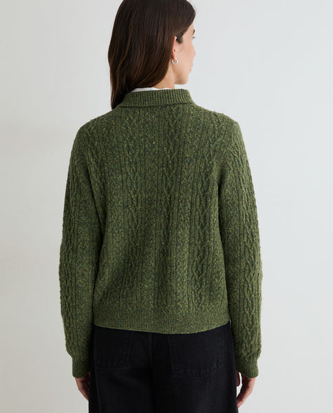 Yerse Cable Knit Wool Cardigan, Green