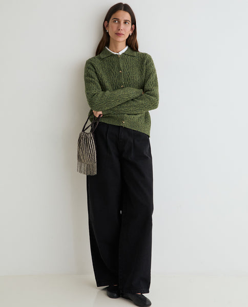 Yerse Cable Knit Wool Cardigan, Green