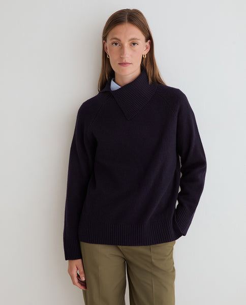 Yerse Wool Split High Neck Knit, Navy