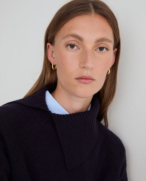 Yerse Wool Split High Neck Knit, Navy