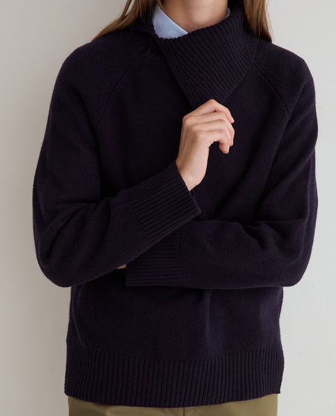 Yerse Wool Split High Neck Knit, Navy