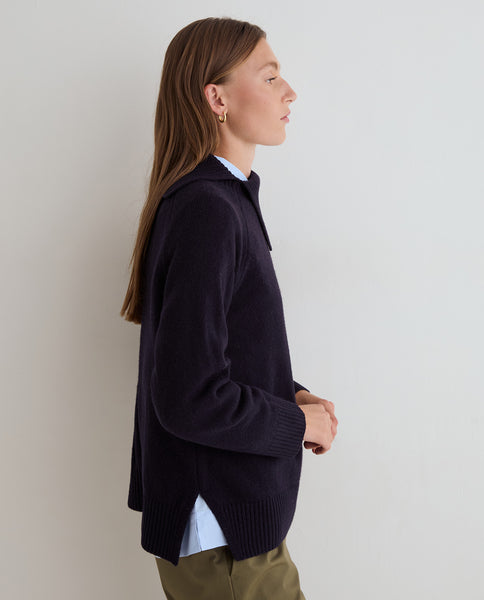Yerse Wool Split High Neck Knit, Navy