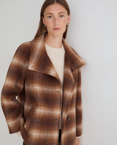 Yerse Short Wool Coat, Brown Check