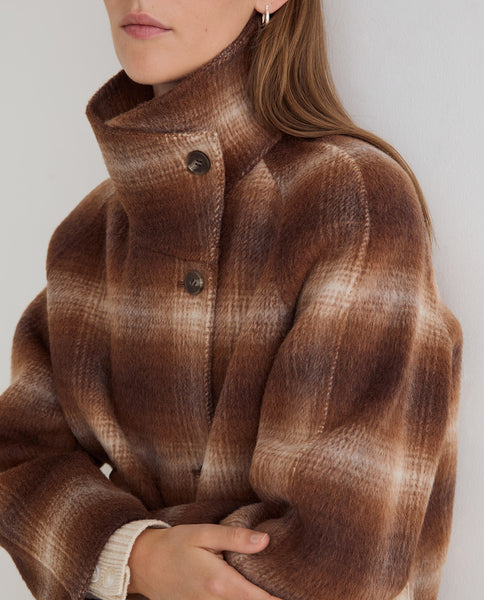 Yerse Short Wool Coat, Brown Check