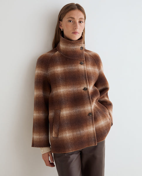 Yerse Short Wool Coat, Brown Check