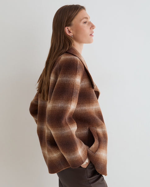 Yerse Short Wool Coat, Brown Check