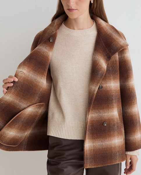 Yerse Short Wool Coat, Brown Check
