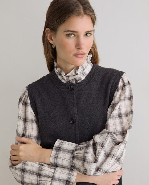 Yerse Ruffle Check Cotton Shirt, Ecru