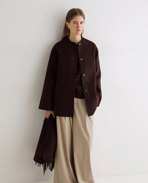 Yerse Short Wool Coat with Scarf, Chocolate Brown