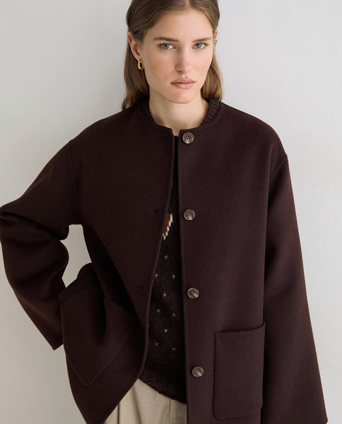 Yerse Short Wool Coat with Scarf, Chocolate Brown