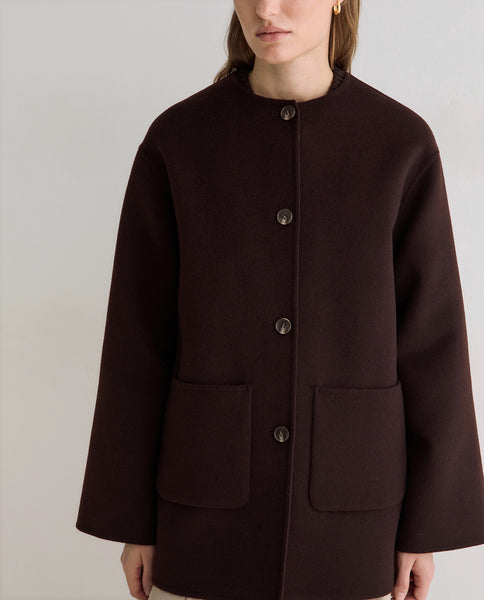 Yerse Short Wool Coat with Scarf, Chocolate Brown