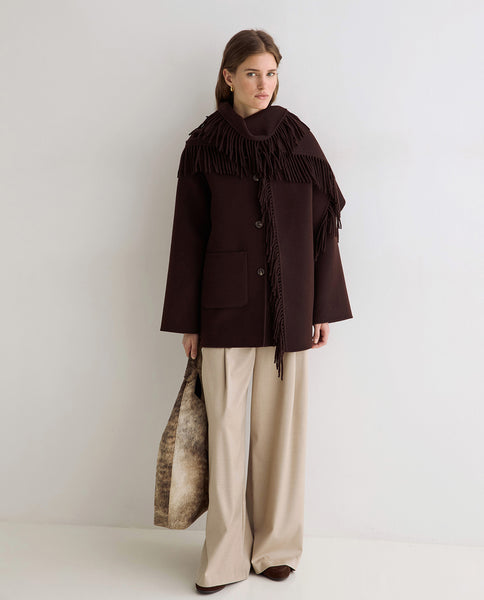 Yerse Short Wool Coat with Scarf, Chocolate Brown