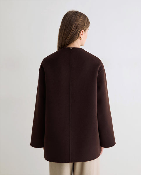 Yerse Short Wool Coat with Scarf, Chocolate Brown