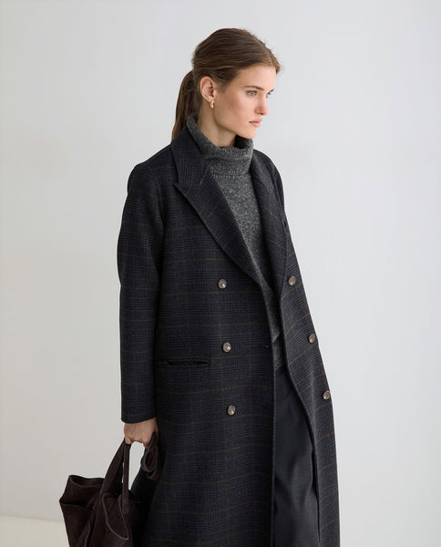 Yerse Long Wool Coat, Anthracite Check