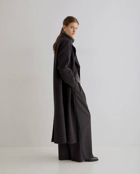 Yerse Long Wool Coat, Anthracite Check