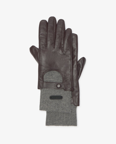 Yerse Wool Lined Leather Gloves, Chocolate and Grey