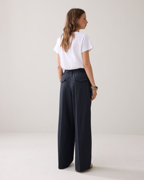 SUMMUM Wide Pinstripe Trousers, Midnight Blue